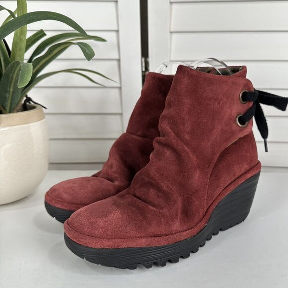 Fly London Shoes - Fly London Yama Boots Burgundy Red Suede Leather Wedge Heel Size EU 36 US 6-6.5